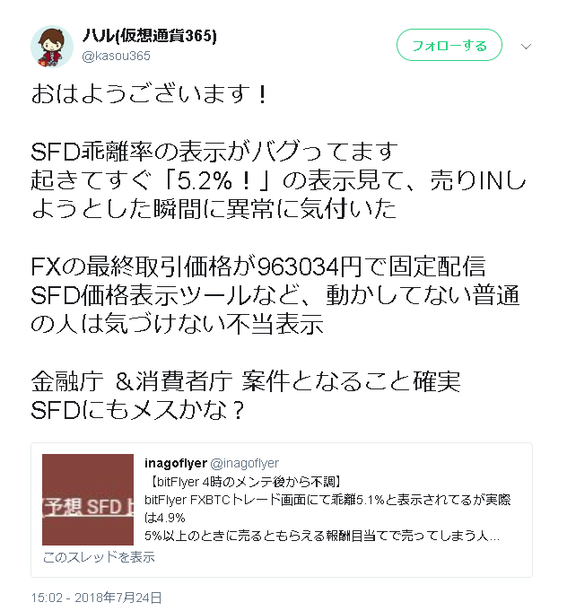 SFD乖離率の表示がバグってます。起きてすぐ「5.2%！」の表示見て、売りINしようとした瞬間に異常に気付いた