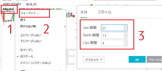 TradingViewでウィリアムズアリゲーター三本の移動平均線の値を変える