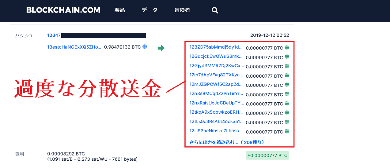 過度な分散送金が確認できる