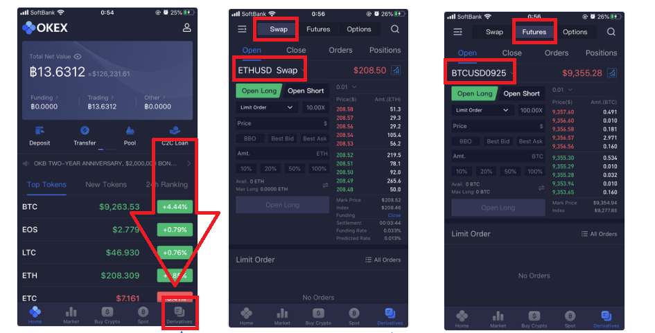 OKXアプリビットコイン先物取引画面