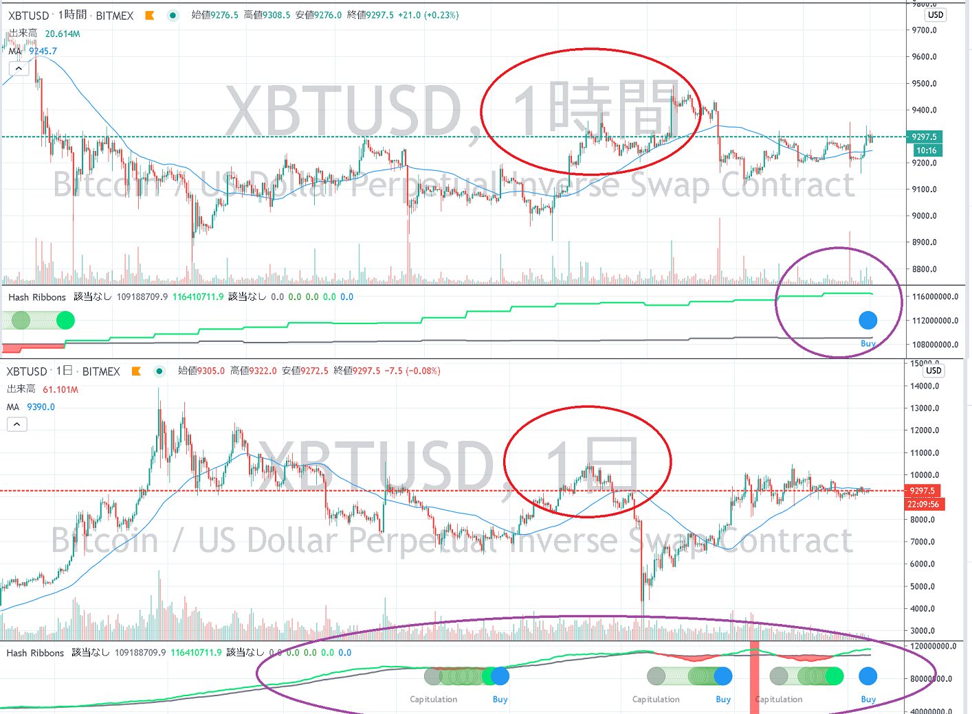 Hash ribbonsビットコインの日足基準