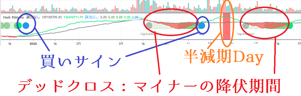 ハッシュリボン(Hash Ribbons)の見方図解