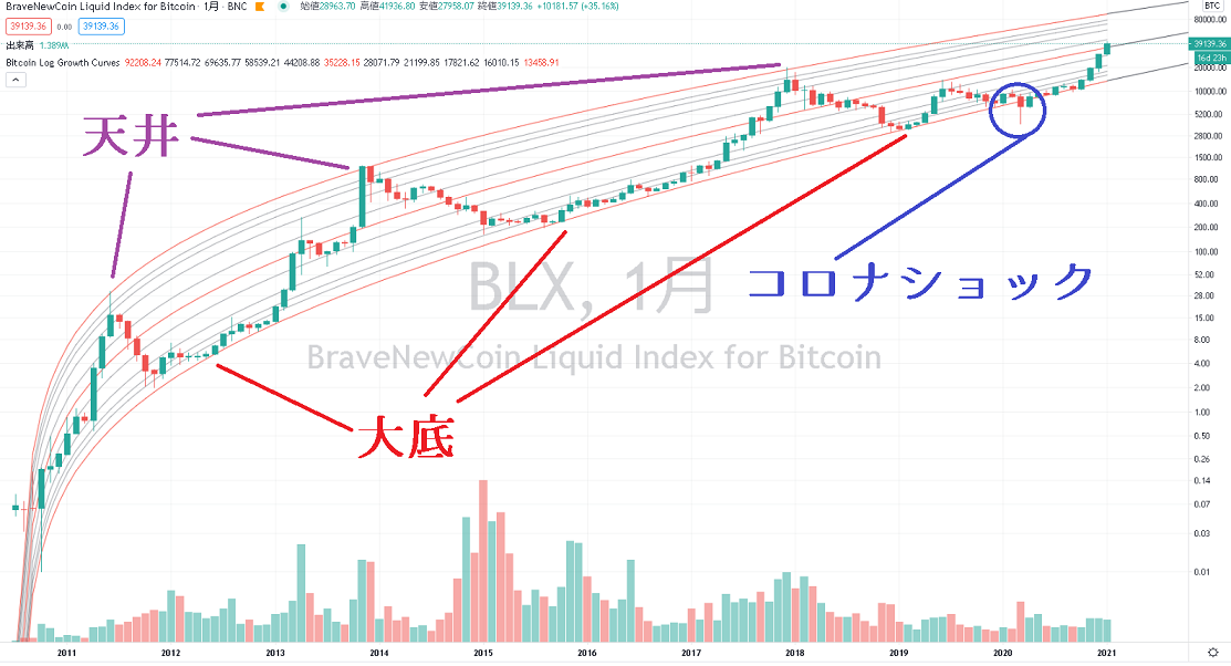 Bitcoin Logarithmic Growth Curves全期間表示