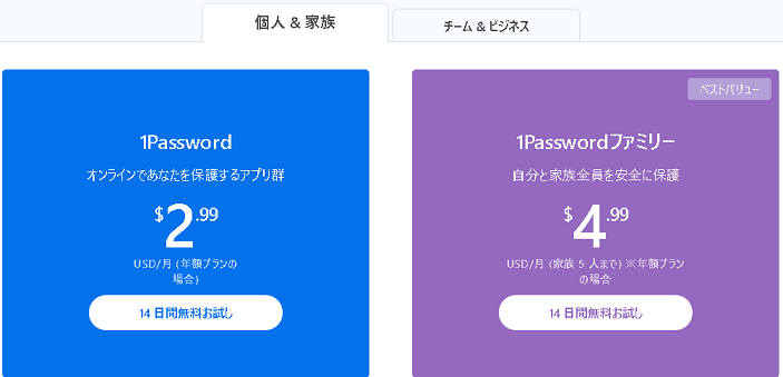 1Password（ワンパスワード）は基本的に有料プラン