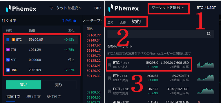 phemex現物とレバレッジ取引の切り替え