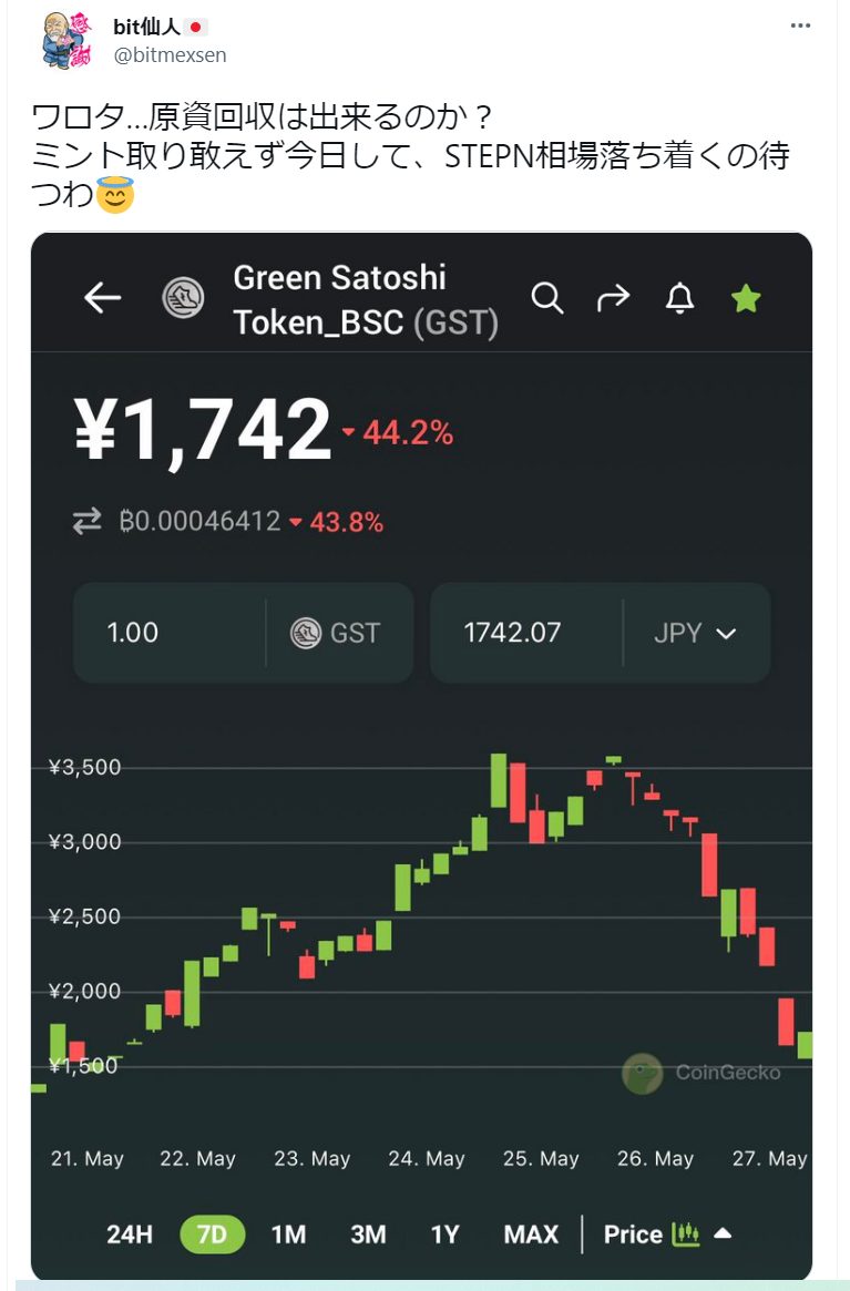 STEPN活動8日目、靴相場が暴落