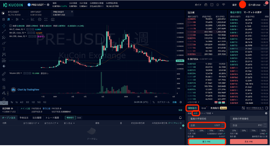 PRE/USDTペアの取引画面