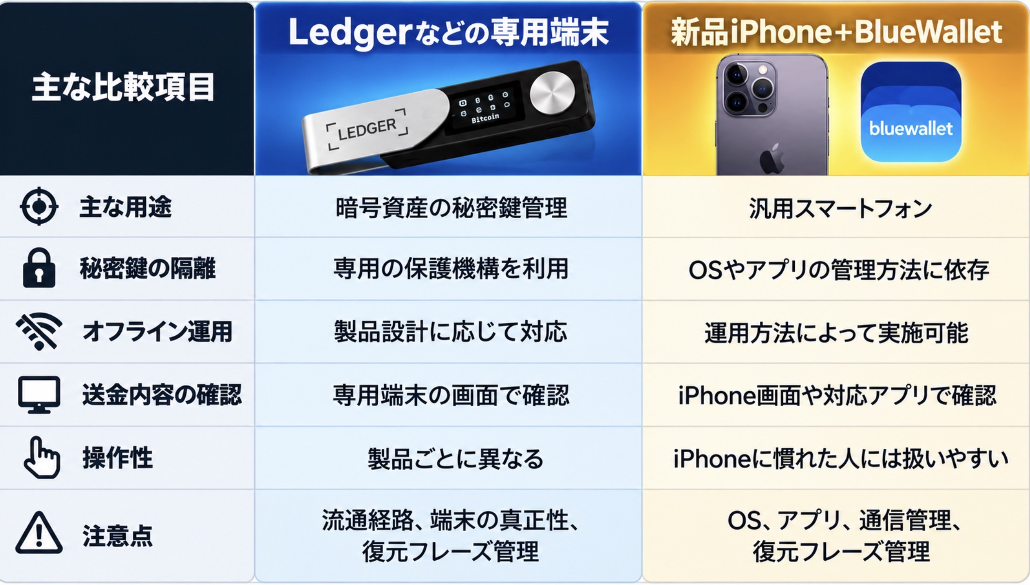 Ledgerと新品iPhoneの安全性比較表